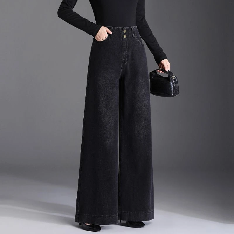 曼德西比利冬季新款女士加绒加厚高腰阔腿宽松牛仔裤直筒牛仔长裤