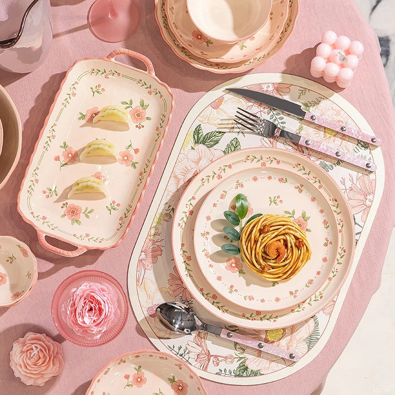 高颜值陶瓷碗碟套装粉色清新碗盘饭碗厨具组合餐具乔迁喜庆餐具