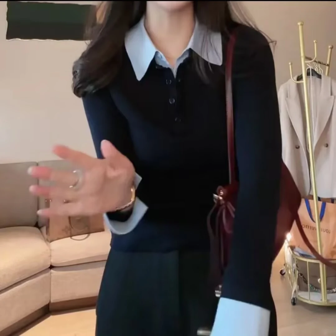 2025秋冬新款韩系针织打底衫女撞色polo领百搭修身小众上衣假两件
