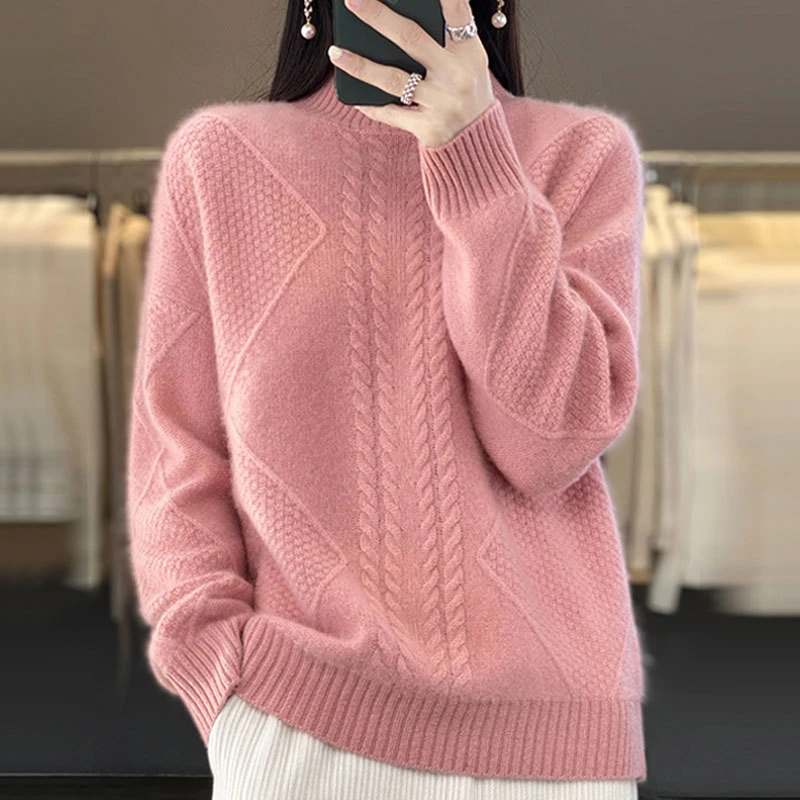 【厂家直供】秋冬新款半高领加厚毛衣女士纯色宽松提花针织打底衫