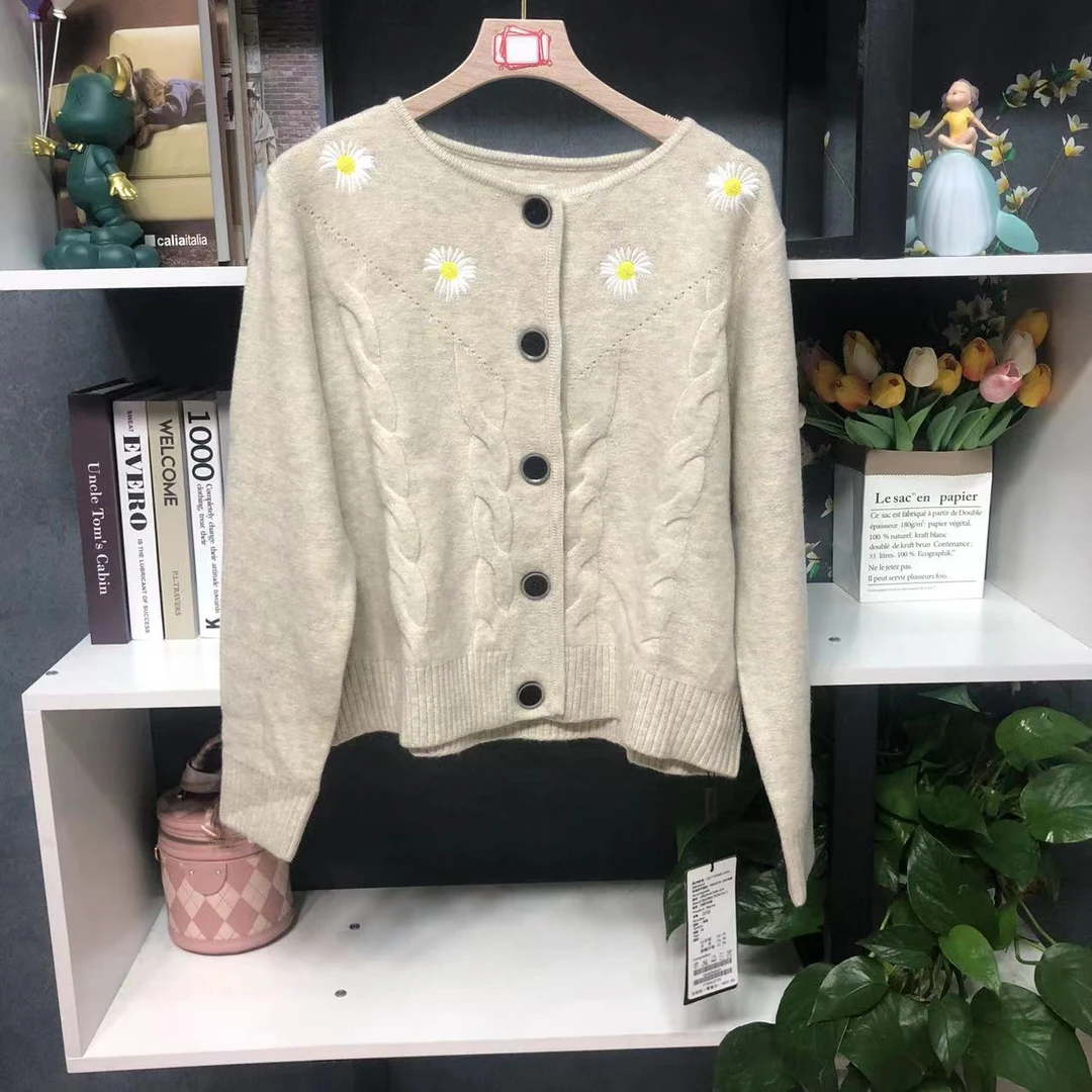 B2210【秋季新款】时尚百搭洋气印花米色休闲开衫