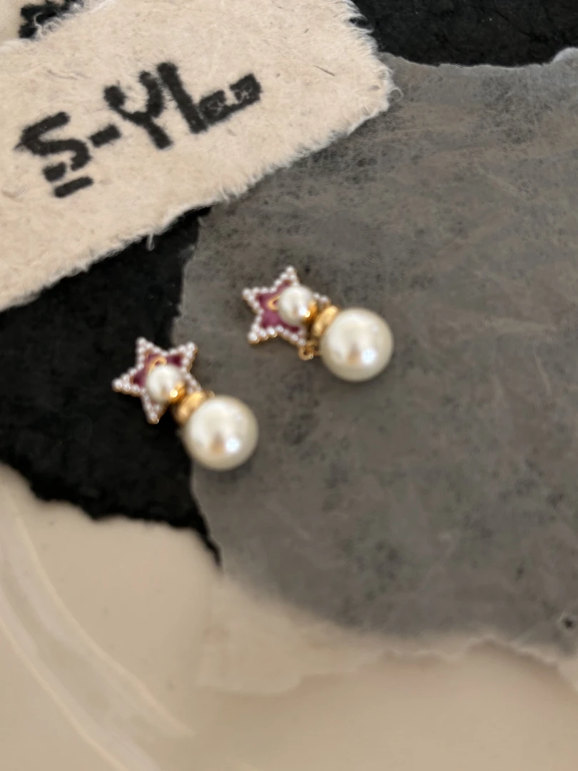 铜合金仿珍珠耳饰 A498仿珍珠五角星粉滴釉小珠珠耳钉