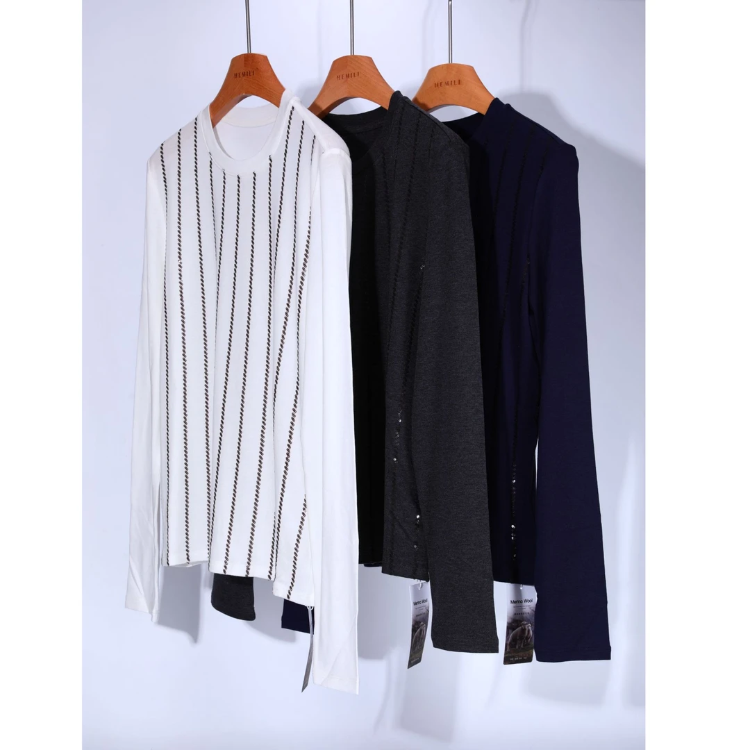 大牛专属B*C珠片绣花可机洗羊毛长袖套头衫