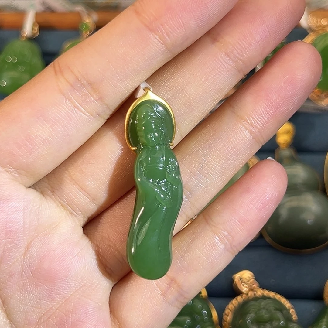 和田玉（碧玉）18K金镶嵌吊坠(不含链)观音38mm