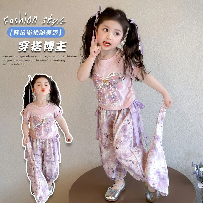 女童蝴蝶结套装夏季新款儿童洋气短袖T恤女宝宝休闲防蚊裤两件套t