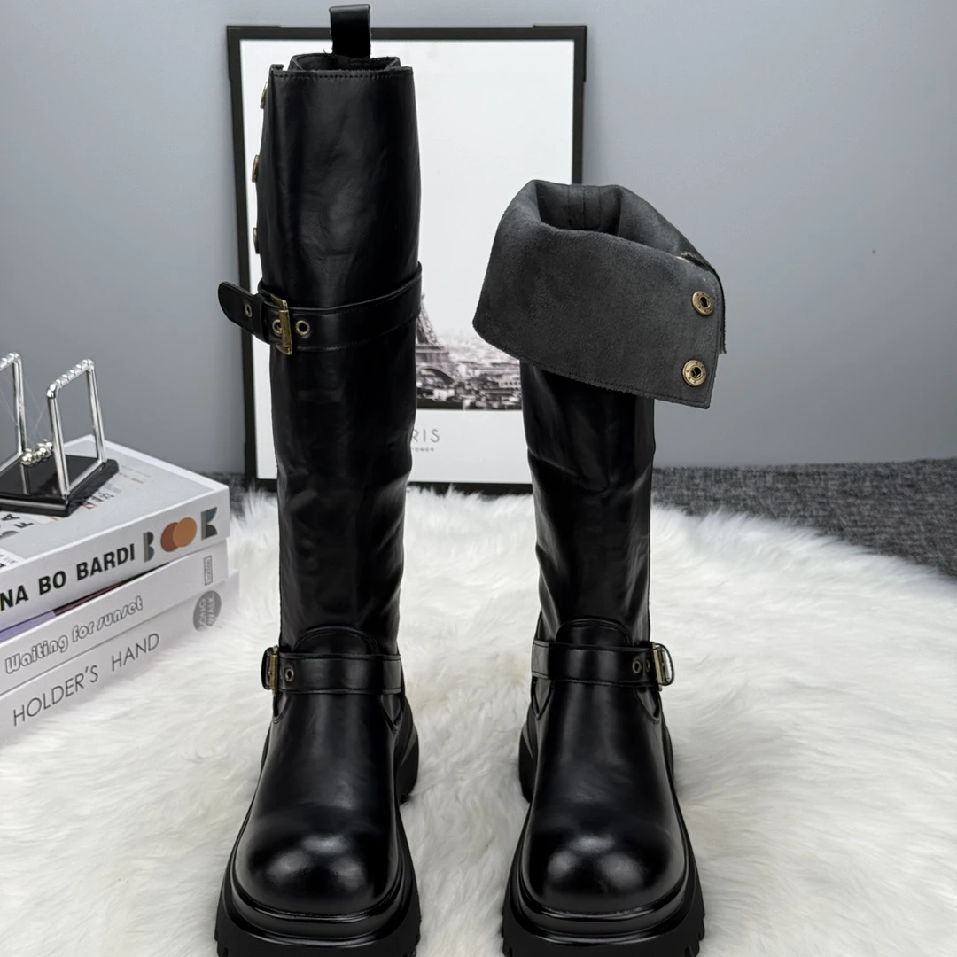 新款时装靴黑色厚底长筒靴女秋季秋冬棕色马丁靴厚底靴子女长筒靴