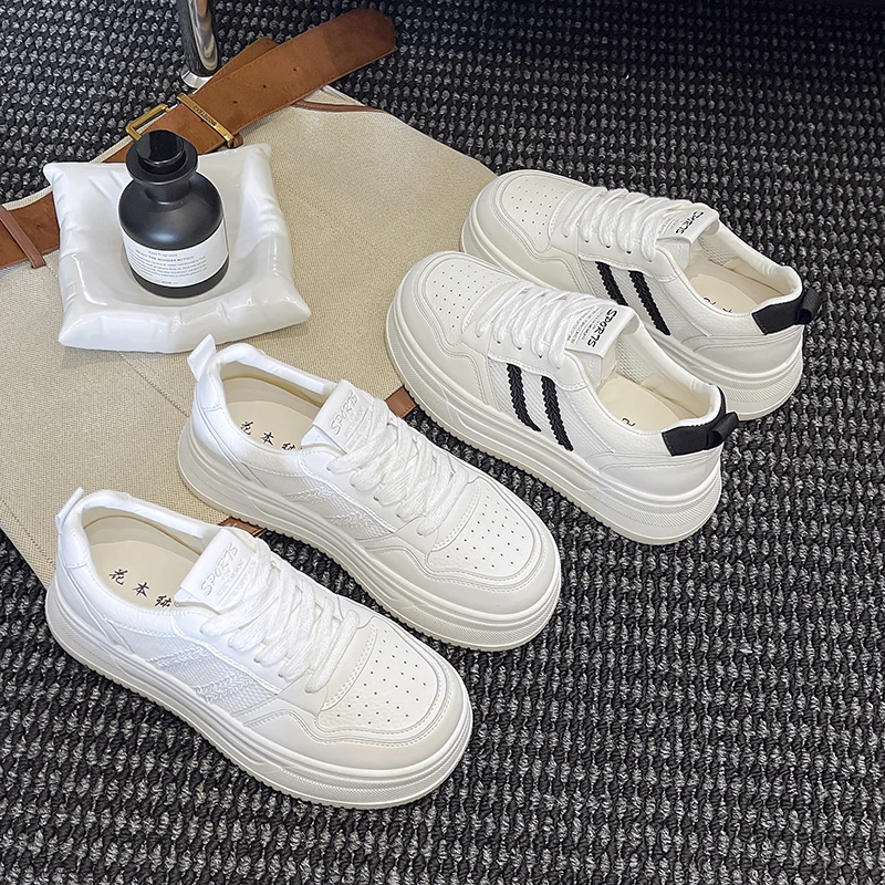 【花本纯】2025夏季新款真皮厚底百搭网面板鞋休闲ins潮小白鞋女