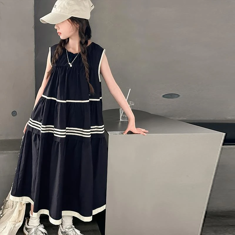 女大童夏季学院风连衣裙裙子2025新款韩版时复古香云纱V领连衣裙