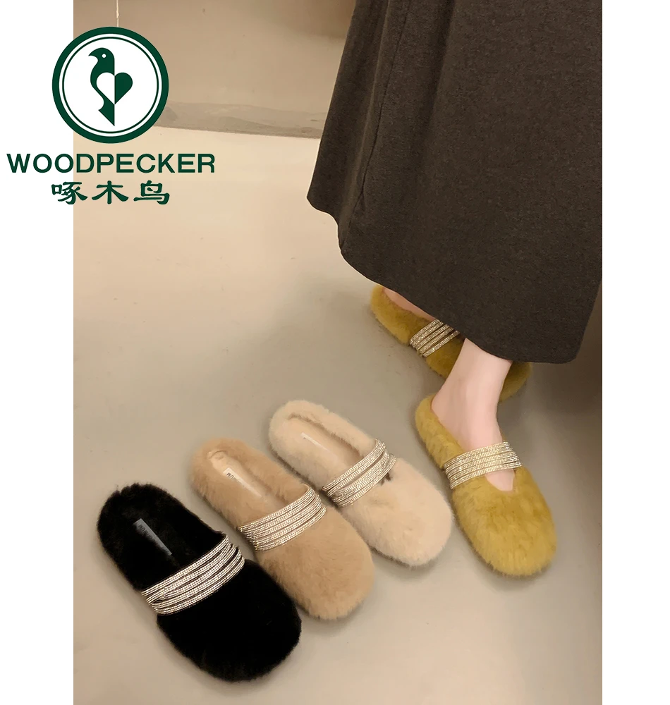啄木鸟水钻包头毛毛鞋女外穿2025秋冬季新款加绒一脚蹬勃肯半拖鞋