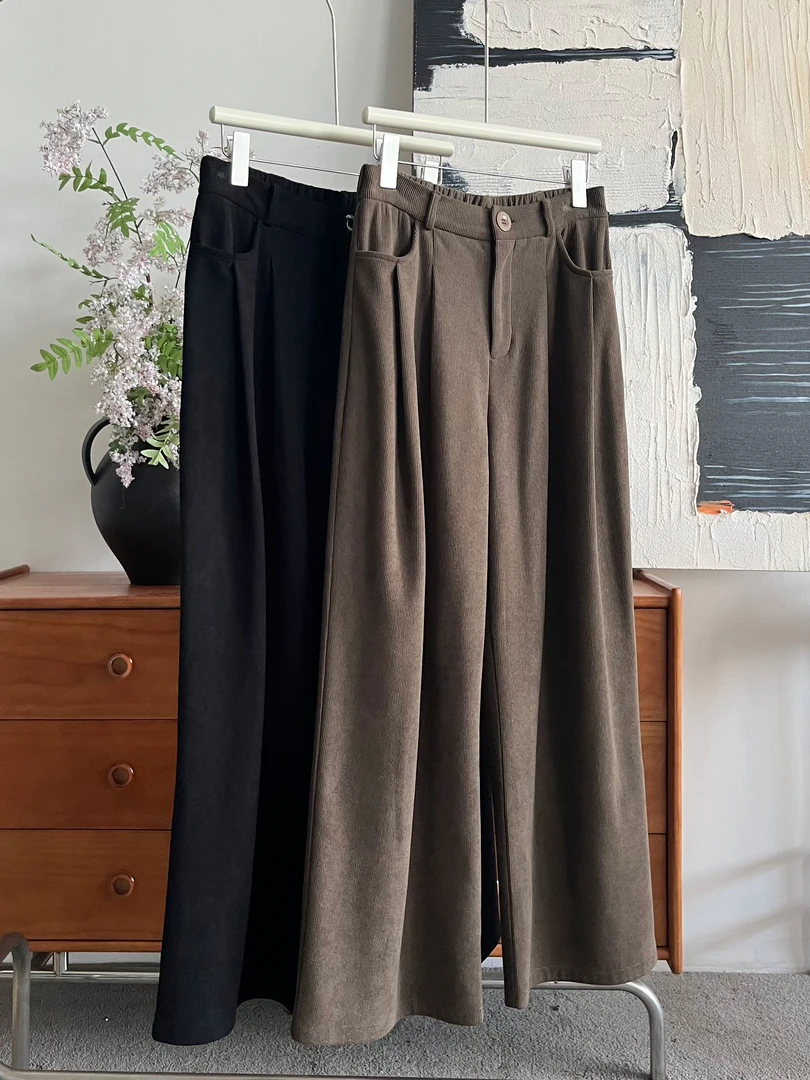 欧棉灯芯绒阔腿裤显瘦针织高腰休闲百搭早秋垂感拖地休闲裤