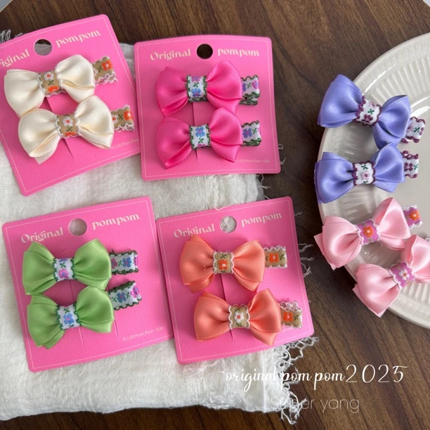 韩国original pom pom2025春款发饰布艺复古缎面刺绣鸭嘴夹对夹