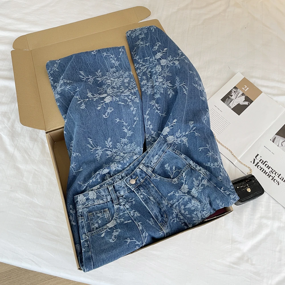 2025新款韩系提花复古水洗做旧高腰直筒宽松显瘦阔腿拖地牛仔洋气