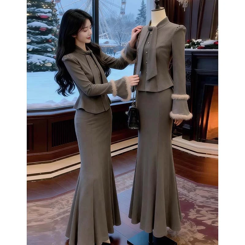 【两件套】富家千金感套装开衫鱼尾半身裙大方得体穿搭两件套QY0139