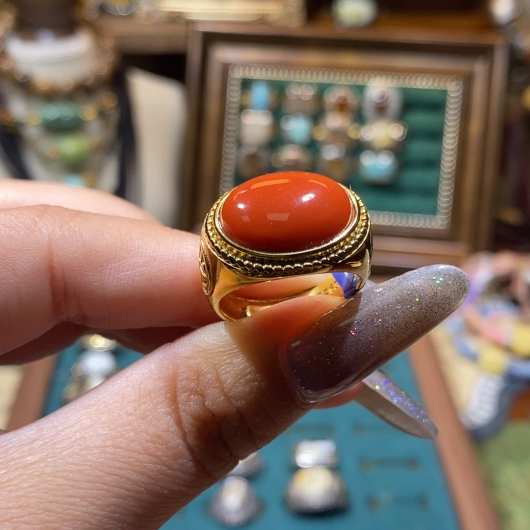 南红玛瑙银S925镀金镶嵌戒指U*戒指