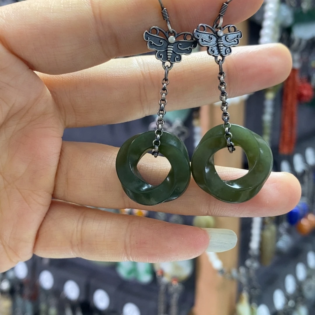 和田玉银S925镶嵌耳饰