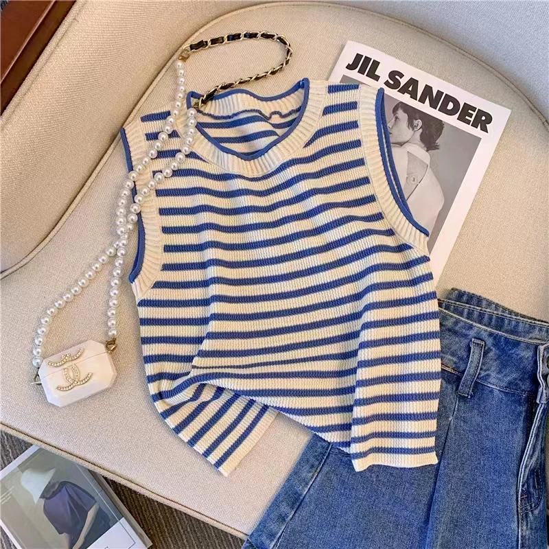 撞色条纹吊带背心女夏季外穿小众法式宽肩带内搭打底针织无袖上衣