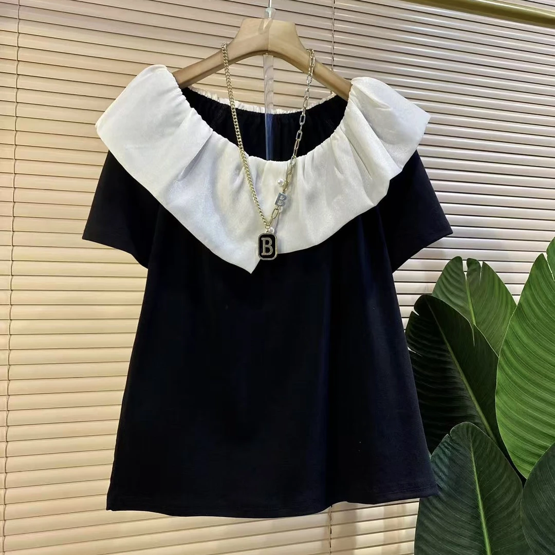 P欧货时尚新款不等式木耳边拼接减龄显瘦女人衫