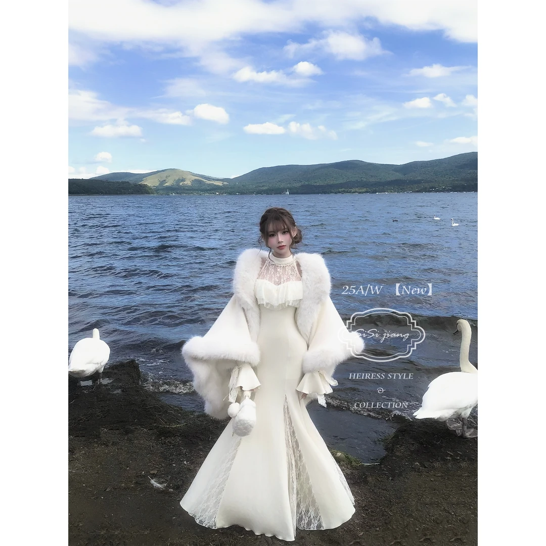 SISI JIAN“纱绘子小姐”法式漏肩拼接圆领大码半身裙礼服礼服7652