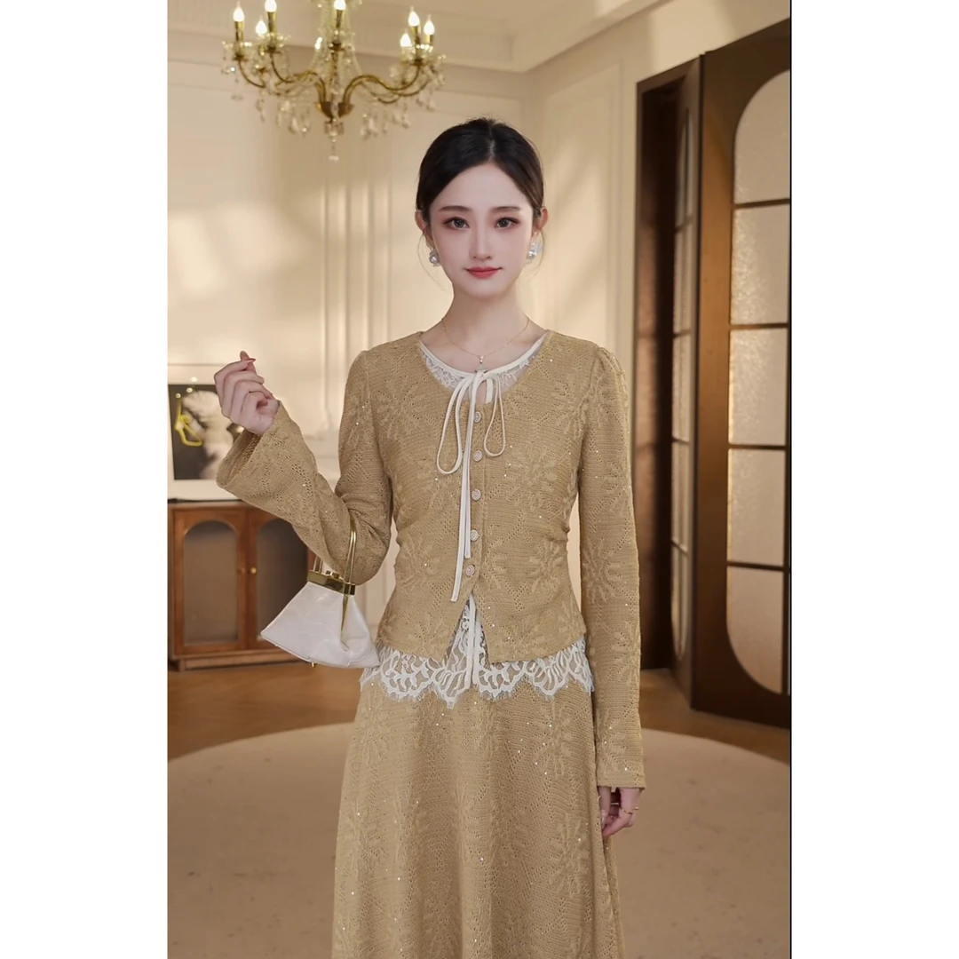 【双双&GERTCOREL】香槟蕾语 秋季修身针织法式时尚套装 CC253A3060