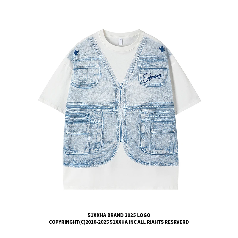 51嘻哈街头设计感马甲印花假两件短袖T恤男美式复古宽松情侣半袖