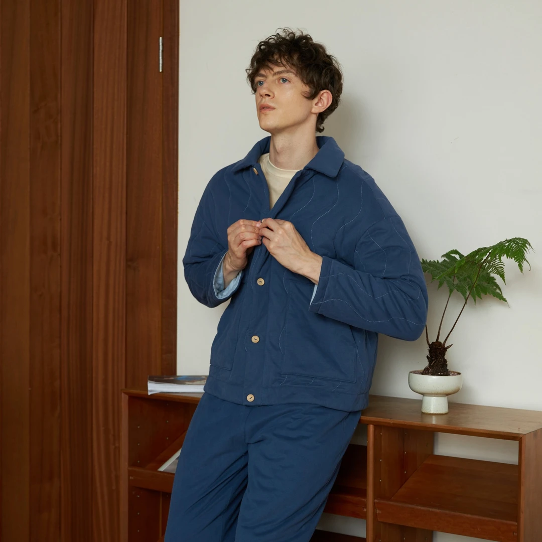 朵朵可可家居服男冬新款针织翻领纯棉三层夹棉袄保暖简约套装441