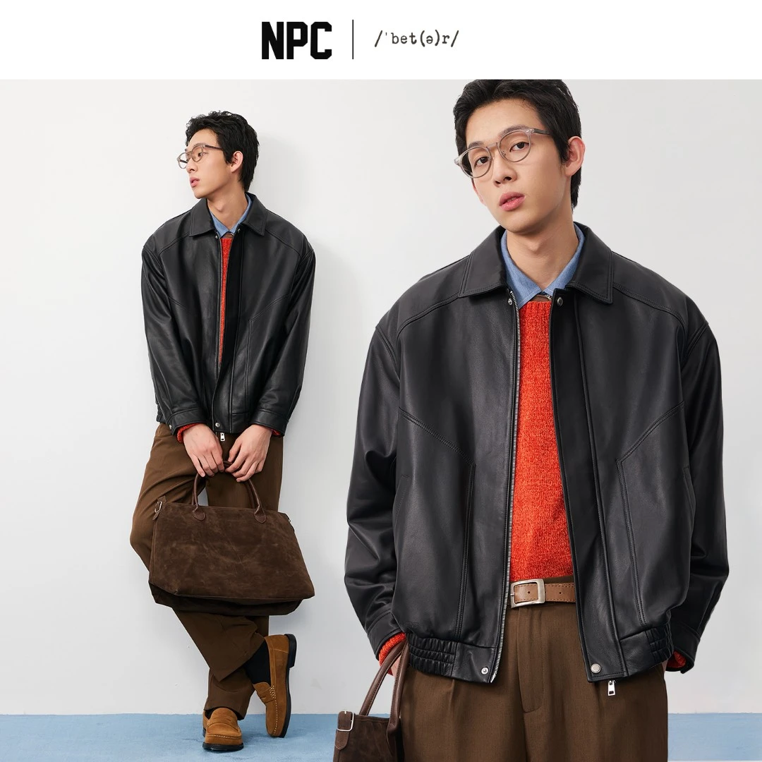 NPC潮牌复古老钱100%【绵羊皮革】翻领夹克男黑色短款秋NP57TJ38-1