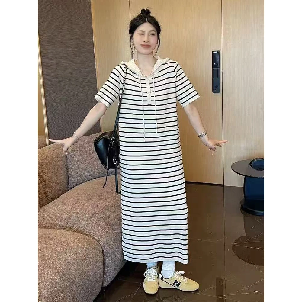 孕妇装2025夏季新款蕾丝连帽短袖条纹针织孕妇连衣裙孕妇裙中长款