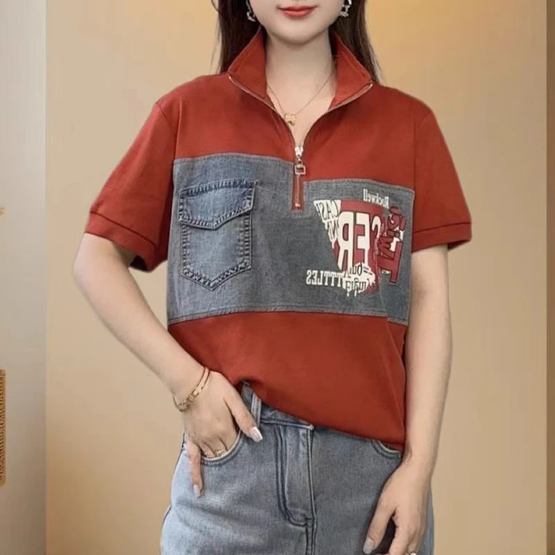 立领拼接牛仔短袖T恤女2025夏季新款时尚爆款宽松洋气百搭上衣潮