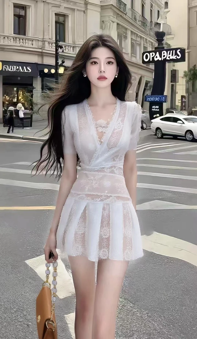时尚减龄气质显瘦温柔甜美风白色短袖V领蕾丝连衣裙高级氛围感裙