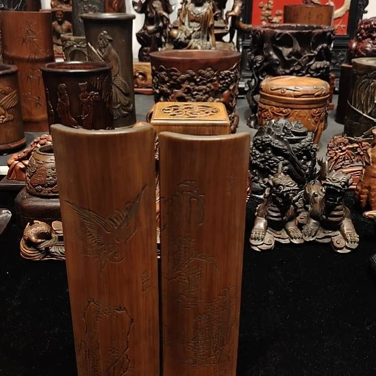 有***人竹老竹雕文房笔阁一对