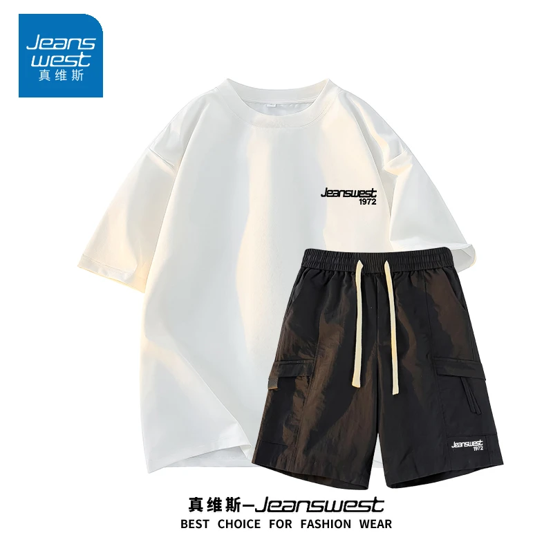 真维斯短袖短裤套装男夏季舒适工装短裤纯棉T恤短袖情侣大码套装