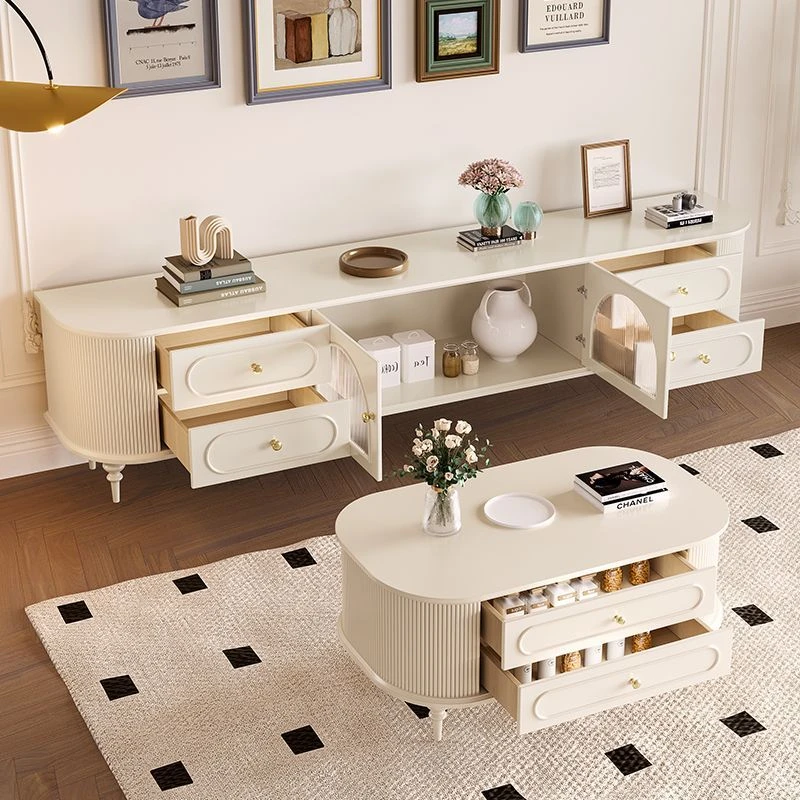 法式电视柜组合套装轻奢烤漆现代客厅一体复古奶油法式实木电视柜