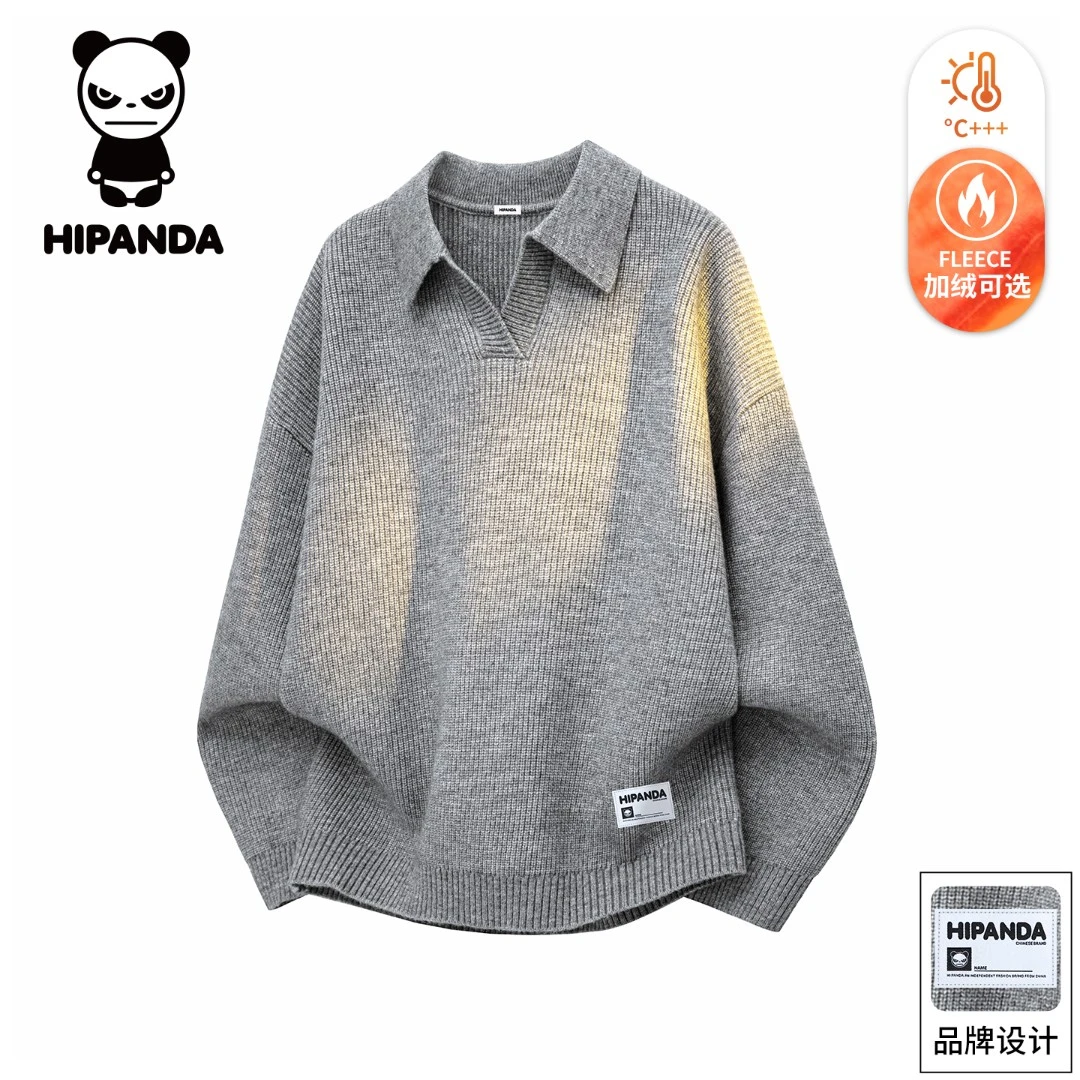 Hi Panda你好熊猫翻领毛衣男士秋冬季加绒休闲百搭宽松针织衫上衣