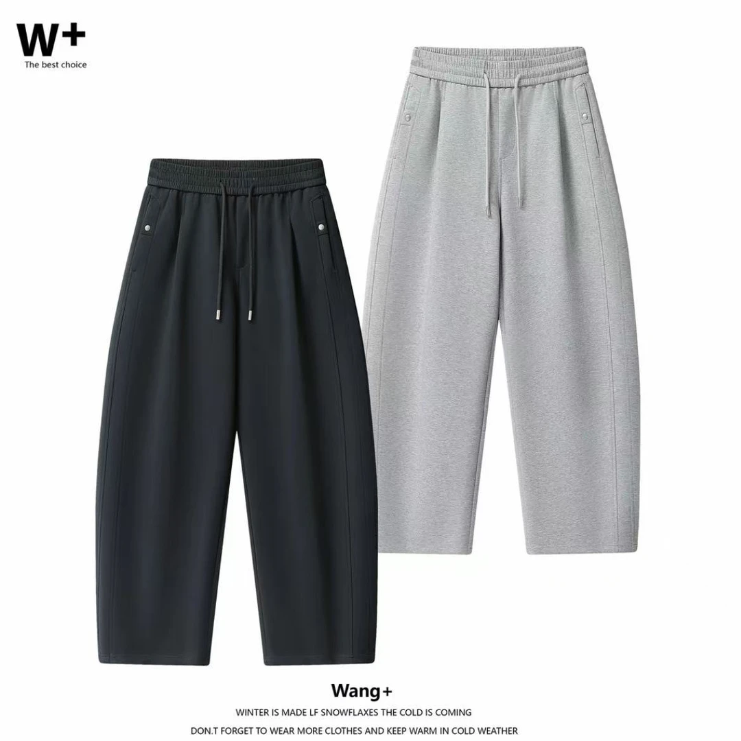 秋冬季男款休闲裤加厚抽绳松紧腰宽松垂感弯刀裤