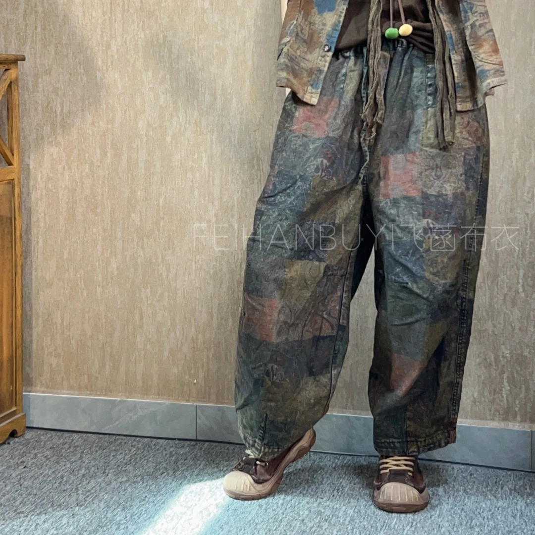 HX801复古百搭时尚松紧腰扎染彩绘牛仔裤（裤长90）