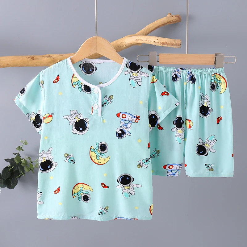 夏季儿童短袖短裤睡衣男孩大童女孩女童宝宝绵绸薄款男童棉绸套装