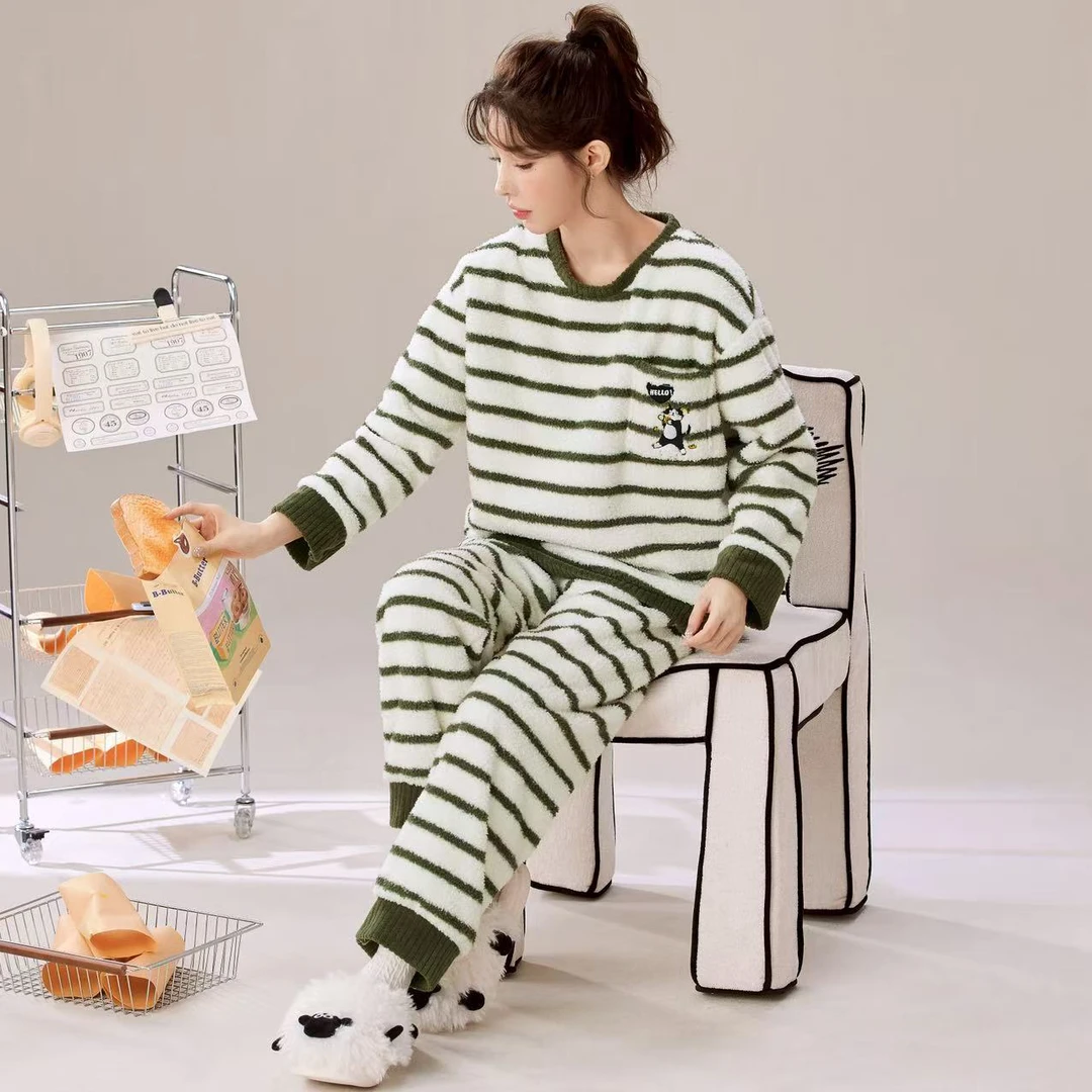 B 门店39&9！淘气猫睡衣」舒暖半边绒质感条纹家居服套装女 C23945
