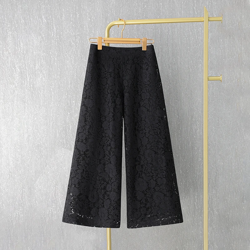 黑色蕾丝阔腿裤女2025新款夏季直筒裤高腰垂感大脚裤休闲九分裤子