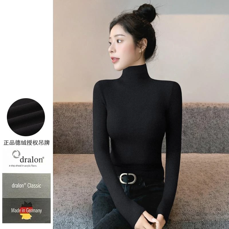 VOCKOO双面德绒高领打底衫女秋冬2025新款加绒加厚内搭磨毛修身黑