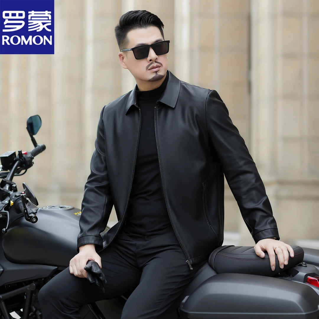 Romon/罗蒙2025男士秋季翻领商务修身免烫处理男士高档秋季皮衣