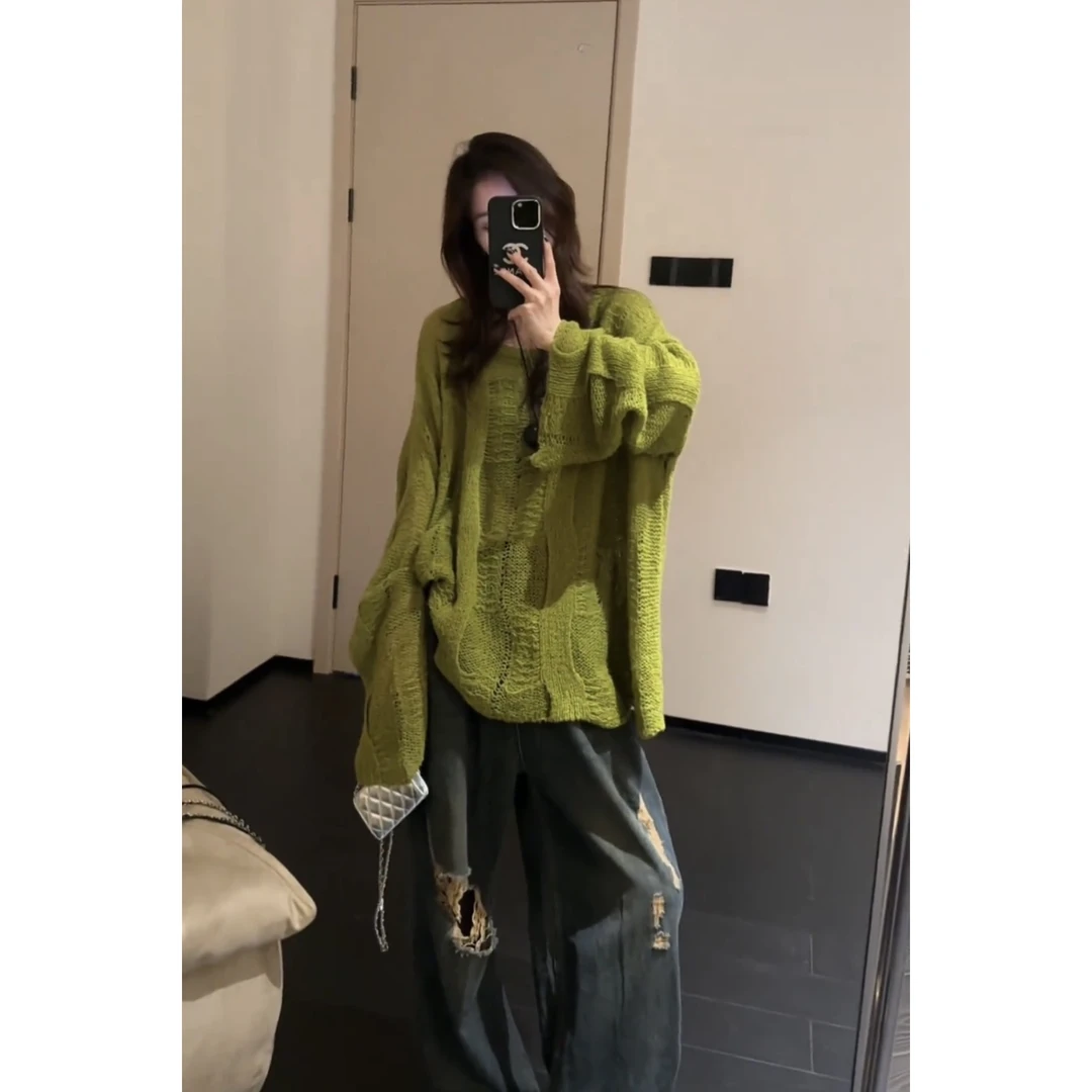 高级感韩版慵懒风大码绿色小清新长袖针织衫女装毛衣早秋宽松上衣