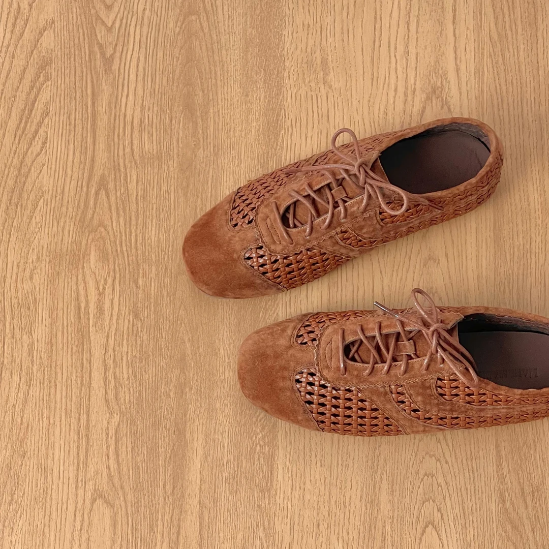 HUSSLOVE 羊猄+编织·跟高2.5CM·复古休闲镂空编织内增高系带单鞋