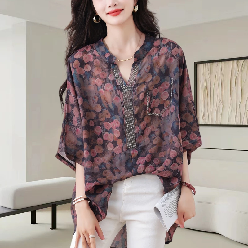 高端雪纺衬衫女士2025夏季新款时尚宽松大码减龄显瘦洋气碎花上衣