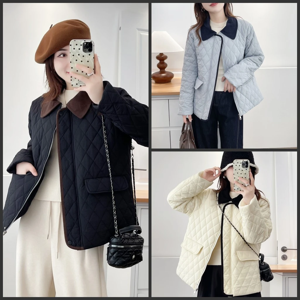 110-190斤大码女装胖mm秋冬装翻领拼色老钱风经典款棉衣棉服外套