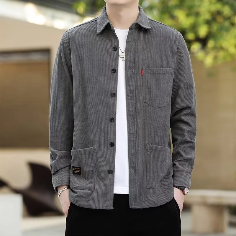 春秋新款高端灯芯绒多口袋工装长袖衬衫男宽松休闲百搭工装衬衣男