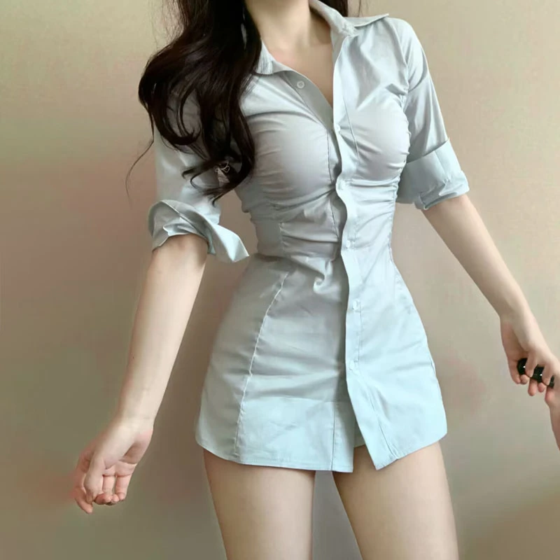 御里御气御姐修身褶皱性感衬衫裙女小众设计感辣妹收腰中长衬衫裙