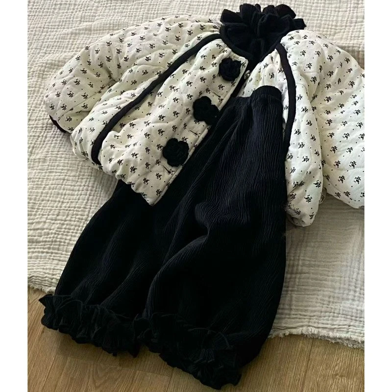 小黄鸭女童2025新款碎花保暖棉服冬季时尚新款加绒裤子女宝宝加绒