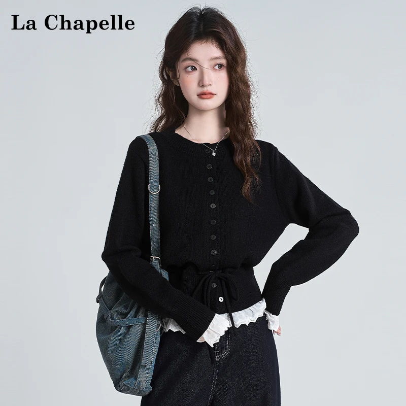 拉夏贝尔黑色假两件设计感长袖针织开衫女秋冬收腰单排扣打底毛衣