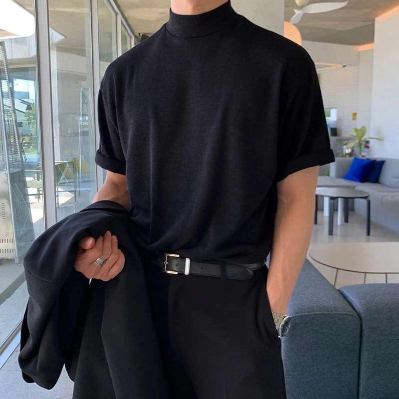 半高领弹力纯黑色短袖t恤男夏季韩系潮牌轻熟风半袖宽松五分中袖