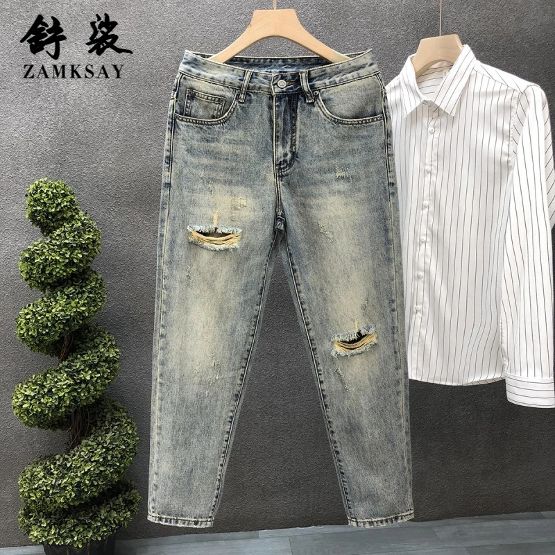 轻奢高级感做旧破洞牛仔裤男生潮牌小脚裤秋季新款男士痞帅长裤子